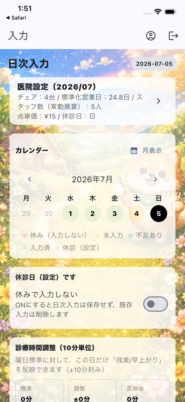 スタッフ専用の入力画面（かわいい犬の背景）